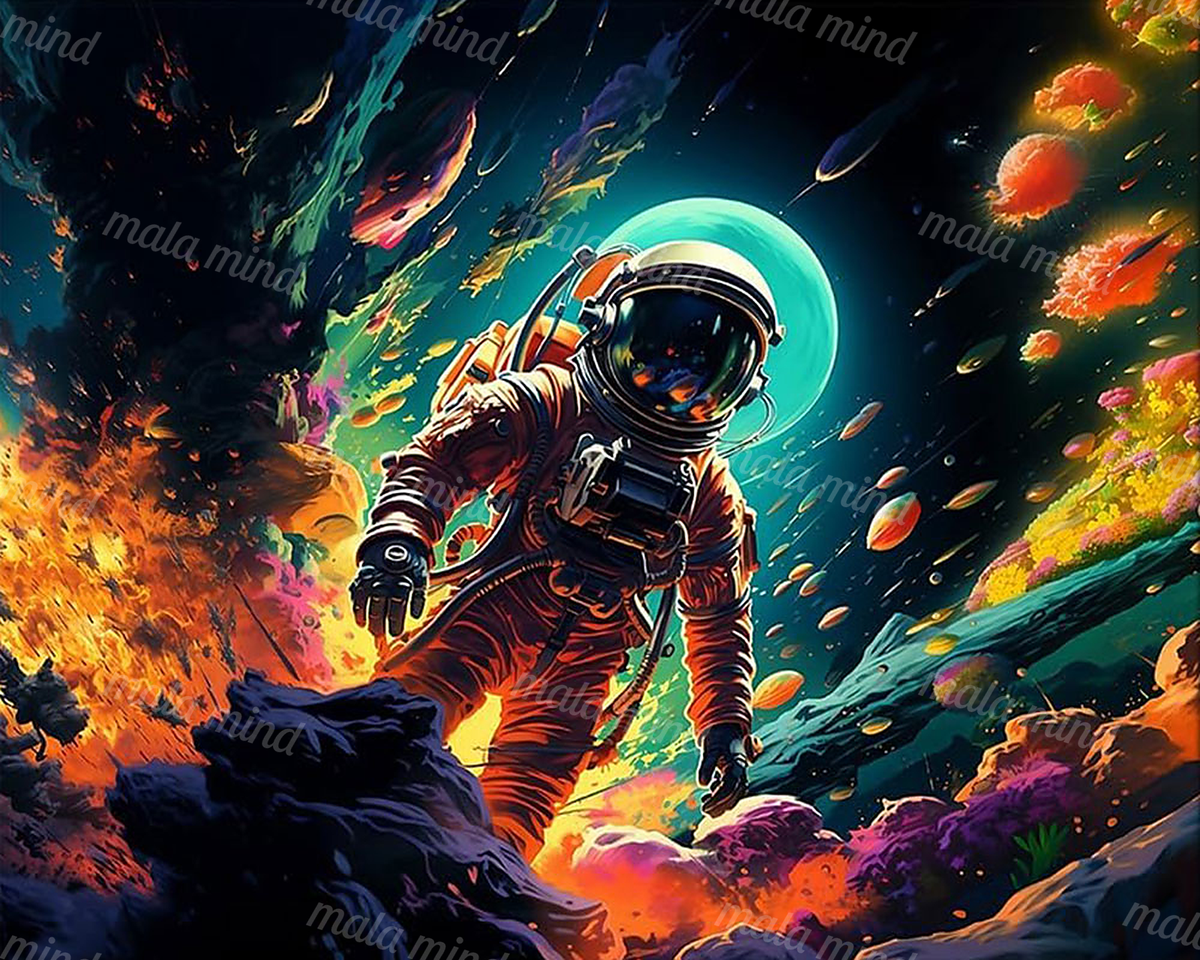 Astronaut in a reflective helmet exploring a colorful alien landscape beneath a dark cosmic sky — 02_master_artwork