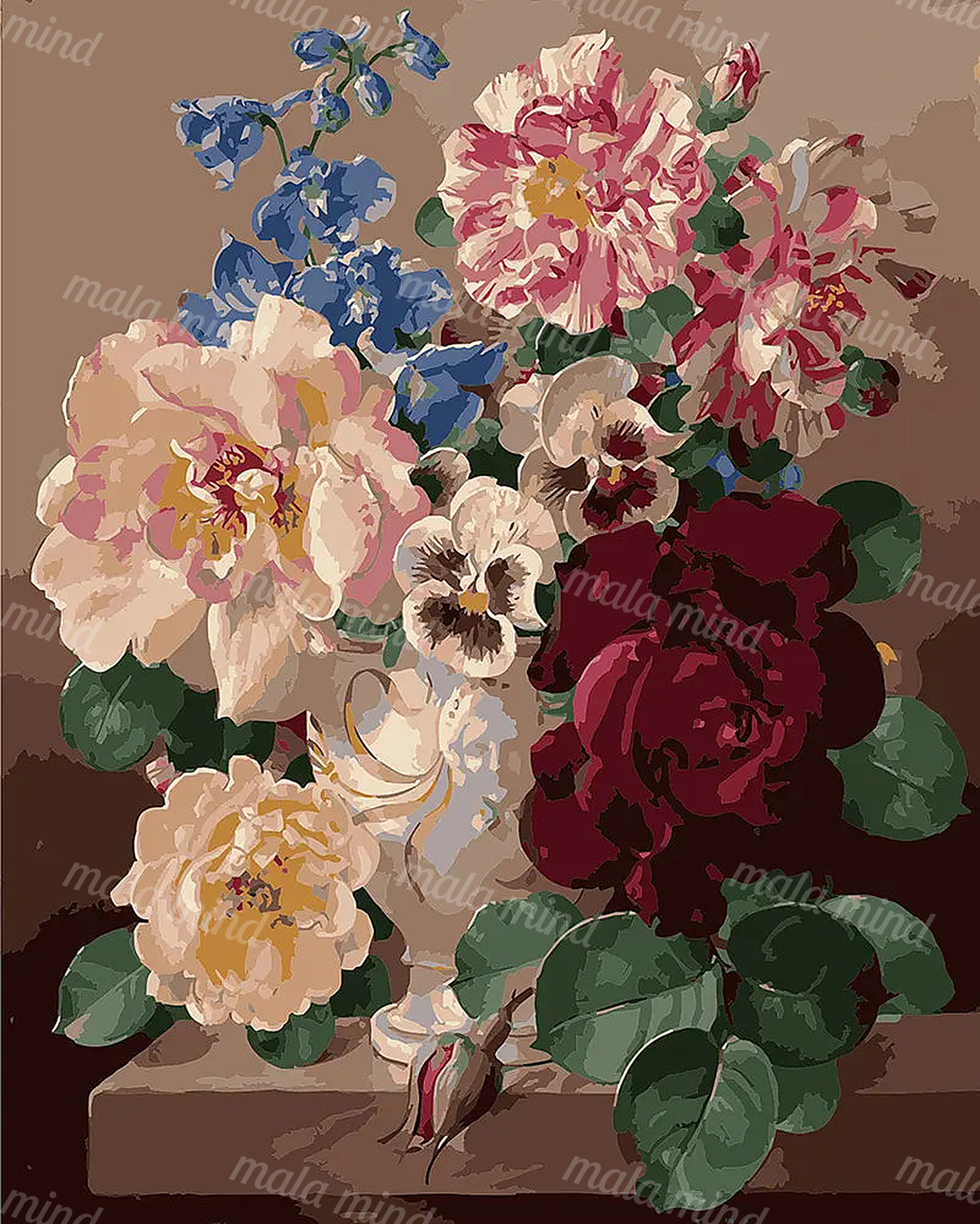 Colorful flower bouquet with blue, pink, cream, and burgundy blossoms against a brown background. — 02_master_artwork