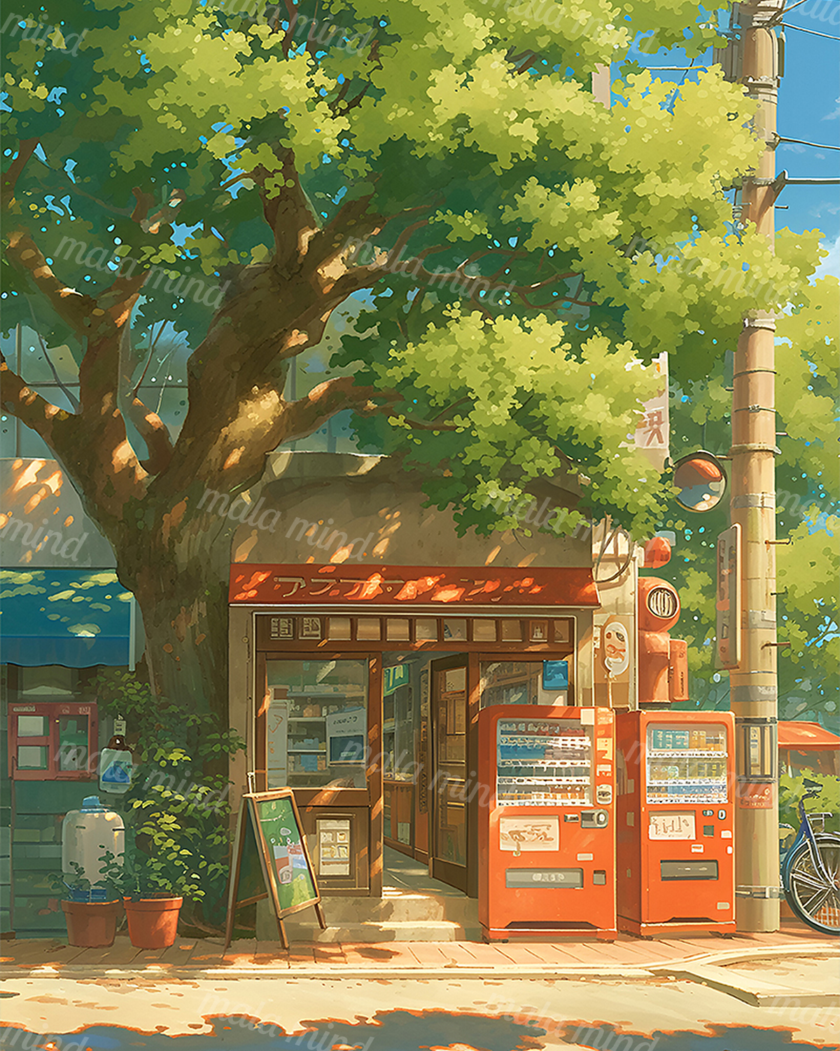 Painterly Japanese streetside shop beneath a leafy tree with red vending machines and a bicycle — 02_master_artwork