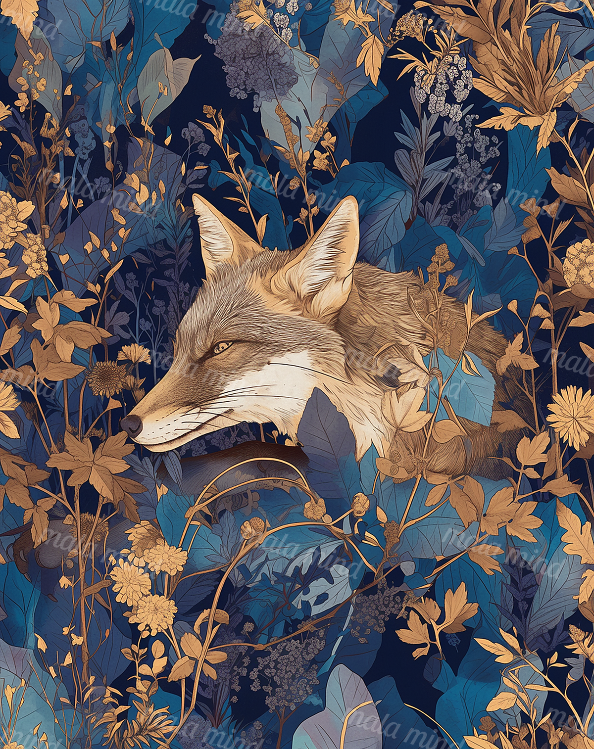 Fox in profile surrounded by dense blue foliage, vines, leaves, and warm-toned wildflowers. — 02_master_artwork