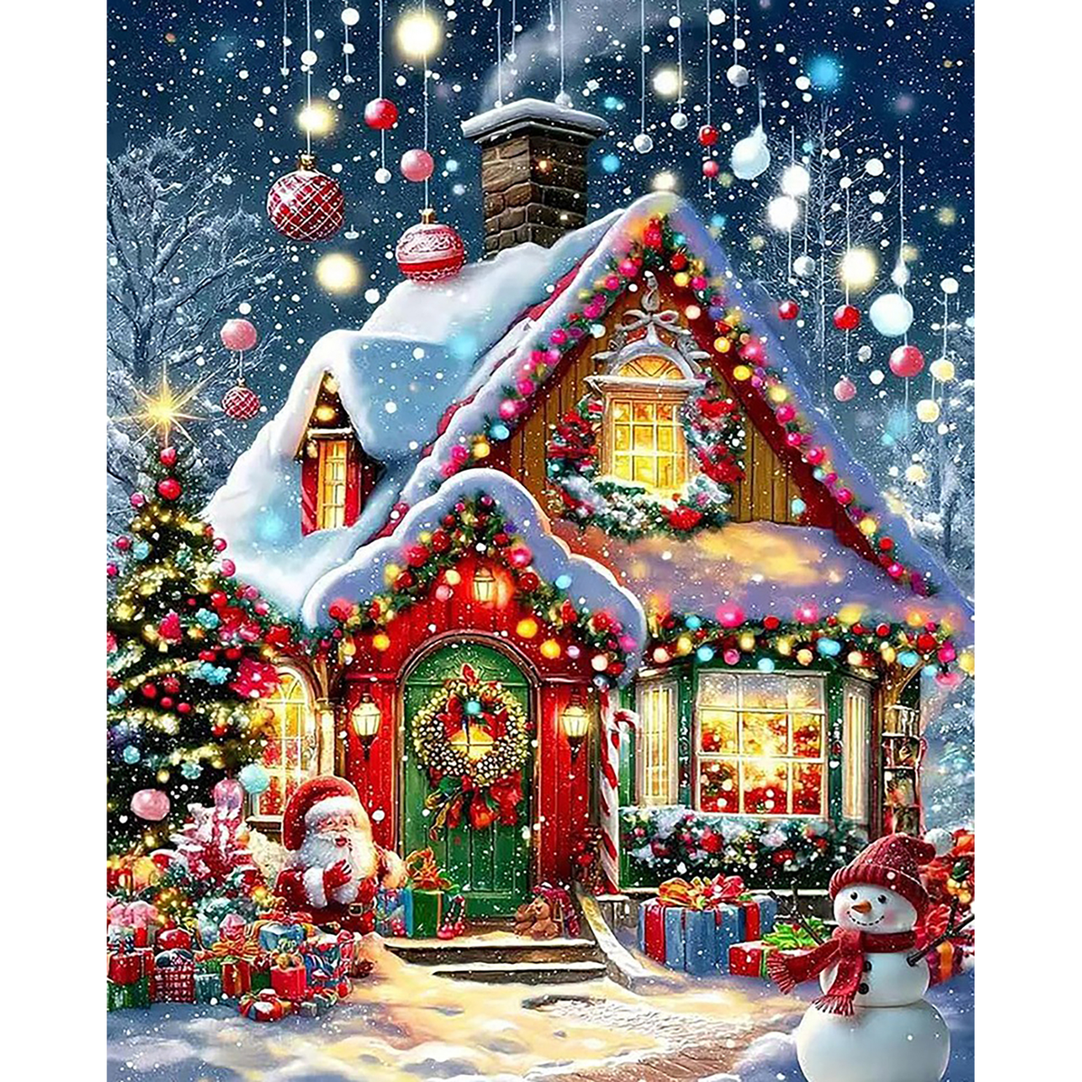 MalaMind Gallery V3 | 02 Master Artwork | CH-260922-003 | Snow-covered Christmas cottage glowing beneath a starry sky with Santa, snowman, presents, and ornaments
