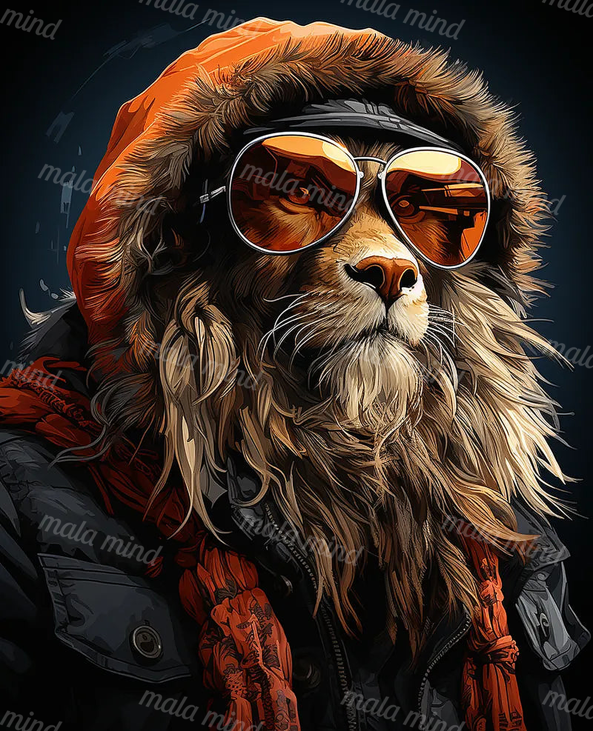 Shaggy dog in reflective aviator sunglasses, an orange hood, and dark clothing — 02_master_artwork