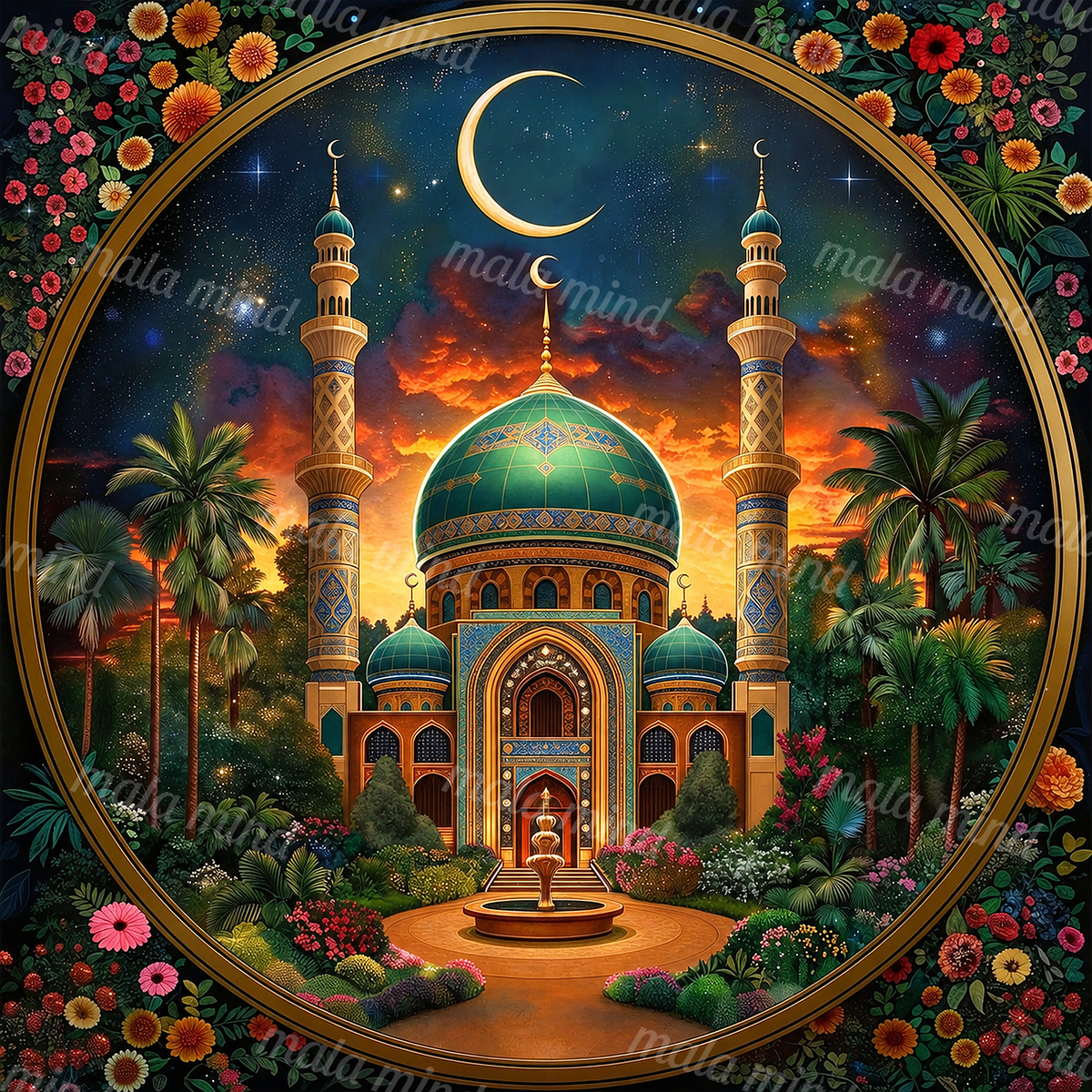 Ornate green-domed mosque with minarets, fountain, palms, flowers, and crescent moon in a circular frame — 02_master_artwork