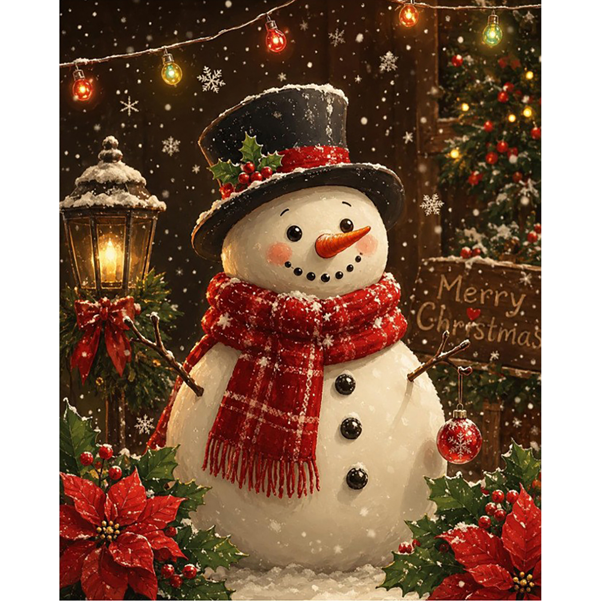 MalaMind Gallery V3 | 02 Master Artwork | CH-260921-070 | Smiling snowman in a top hat and red scarf surrounded by Christmas lights, poinsettias, ornaments, and a tree.