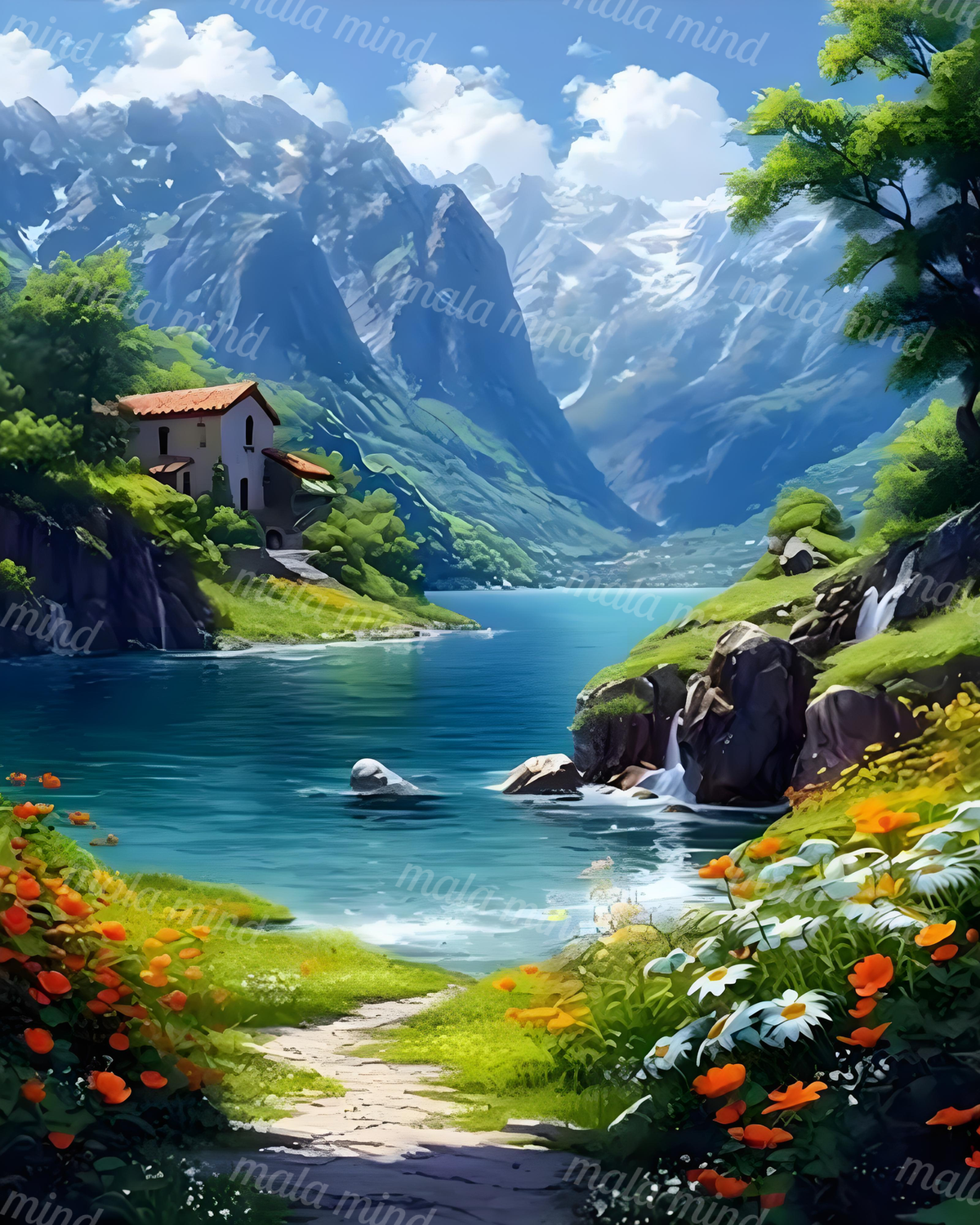 Painterly mountain lake valley with snow-capped peaks, cottage, waterfalls, winding path, and colorful flowers — 02_master_artwork