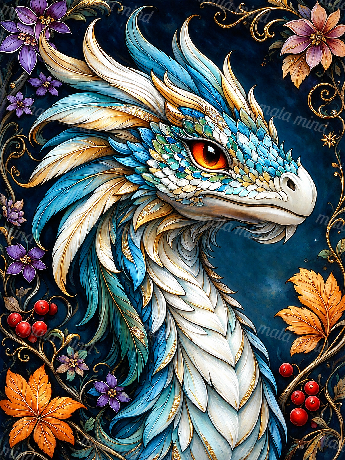 Ornate blue-and-white dragon with an orange eye, flowers, autumn leaves, berries, and golden vines — 02_master_artwork