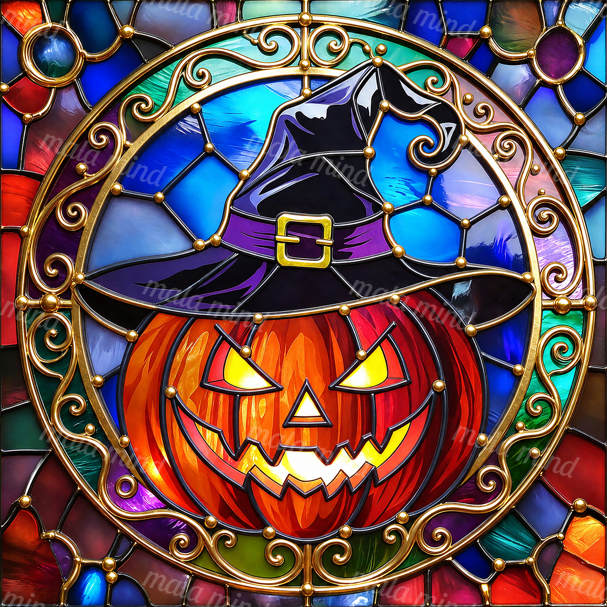 Stained-glass jack-o'-lantern in a witch hat within an ornate circular frame — 02_master_artwork