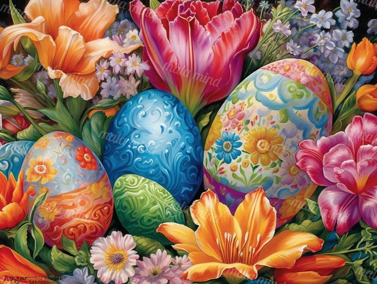 Colorful decorated Easter eggs nestled among orange lilies, pink tulips, and purple flowers — 02_master_artwork