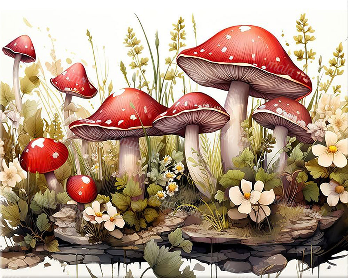 Red-and-white spotted mushrooms surrounded by flowers, grasses, leafy plants, and rocks in a woodland scene. — 02_master_artwork