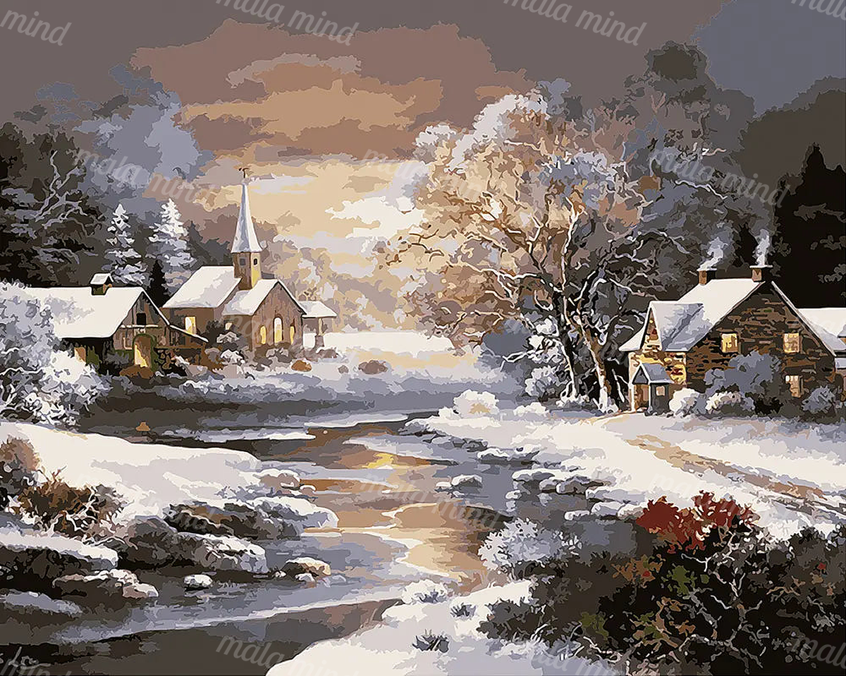 Snow-covered village with a steepled church, winding stream, trees, and houses beneath a cloudy sky — 02_master_artwork