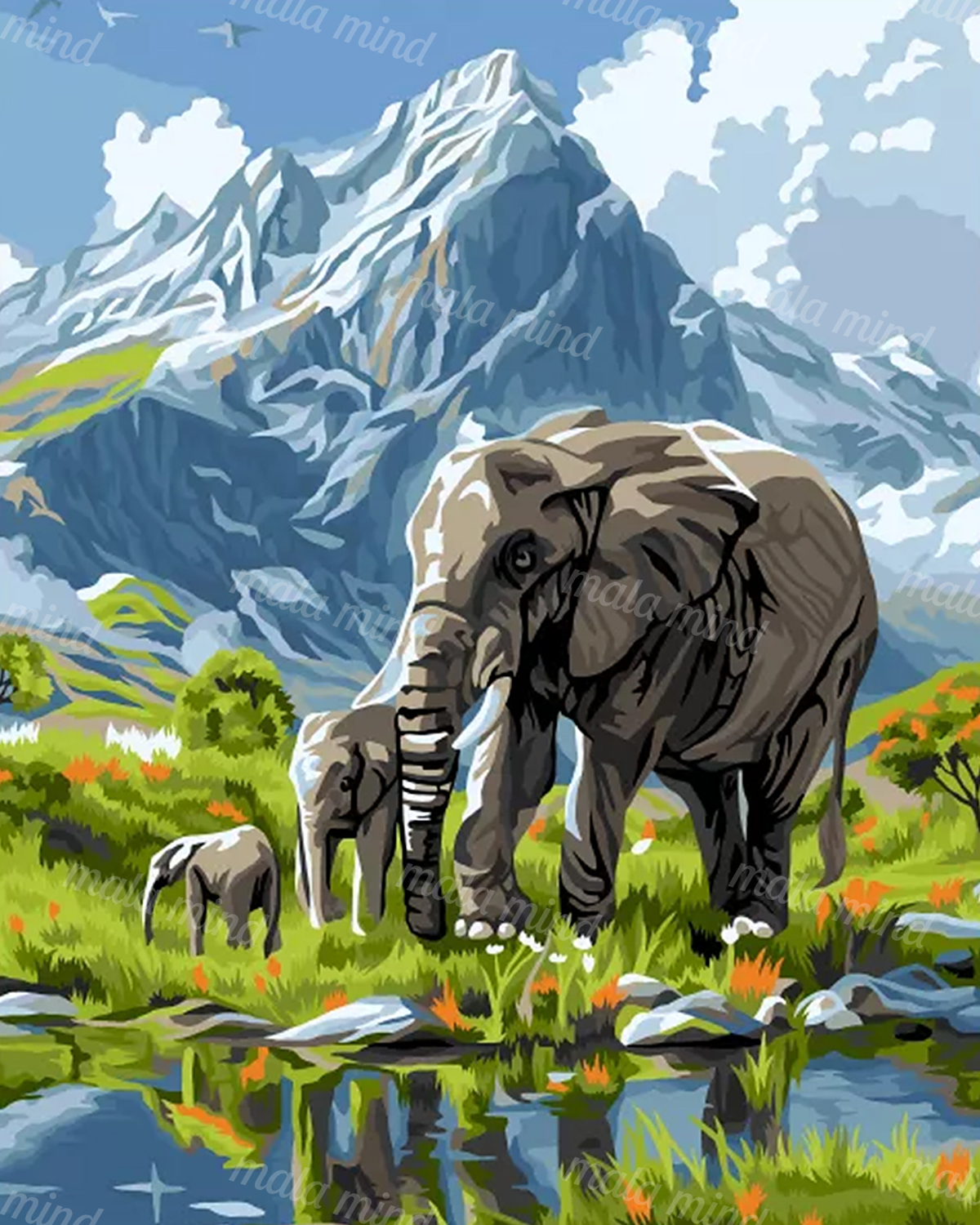 Elephant family in a flower-filled meadow with a reflective pond and snow-capped mountain — 02_master_artwork