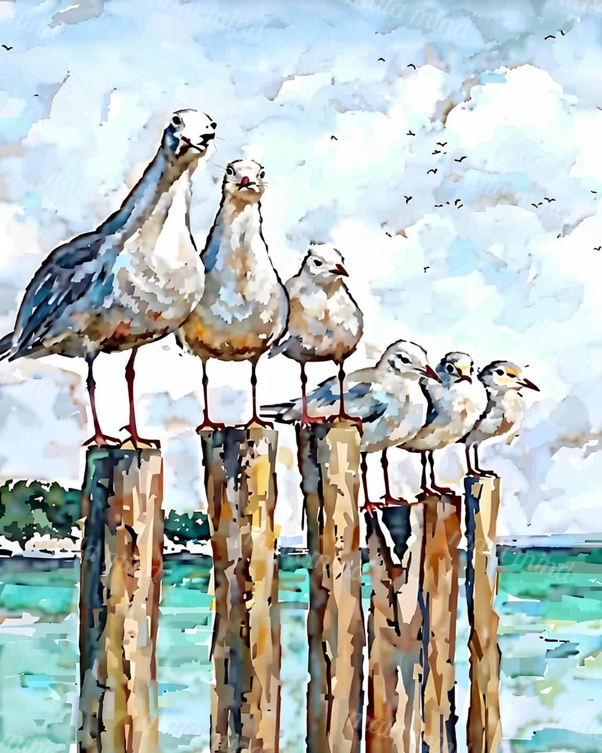 Watercolor-style seagulls perched on weathered wooden pilings above turquoise coastal water — 02_master_artwork
