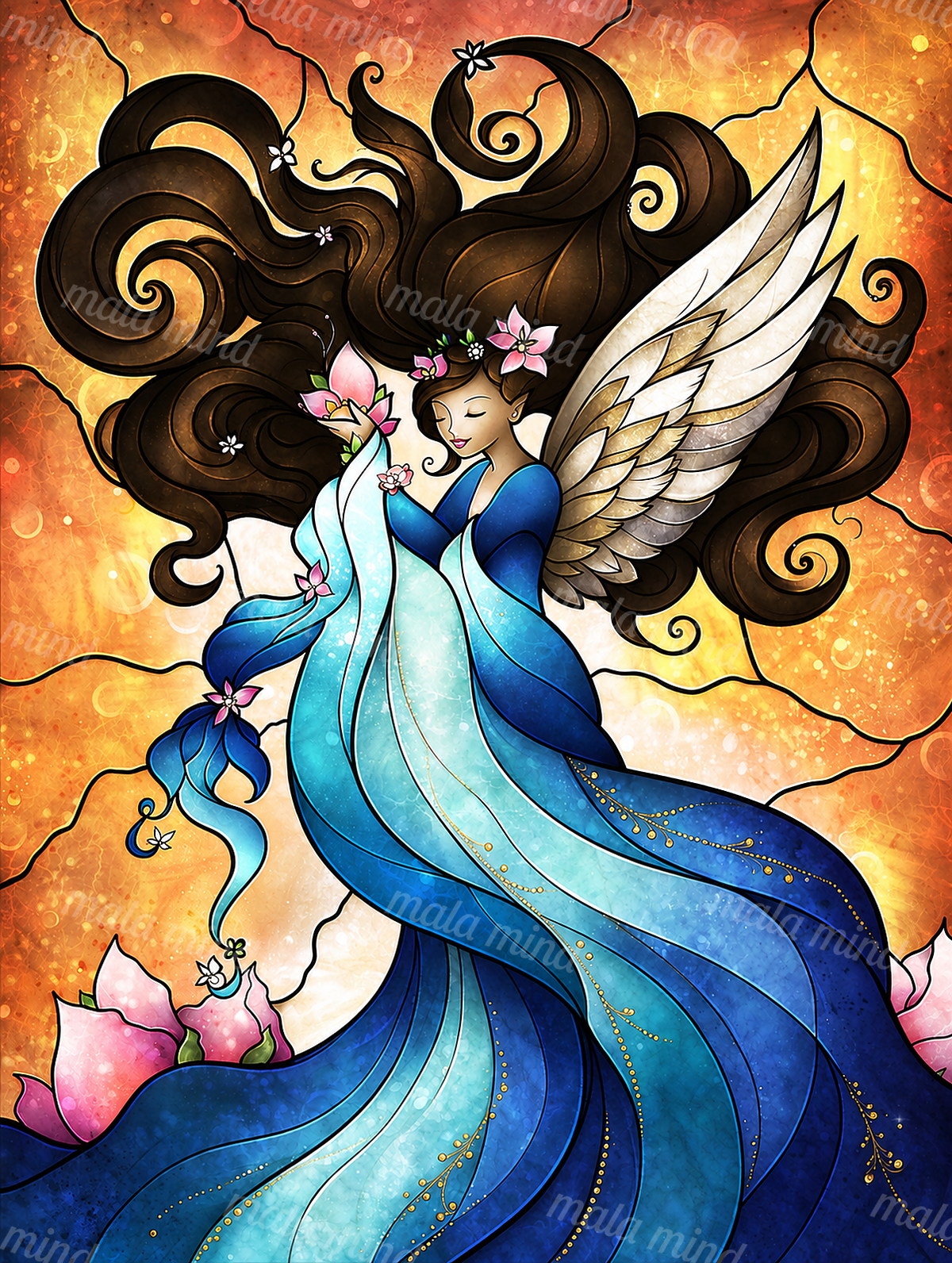 Winged woman in a flowing blue dress with white wings, pink flowers, and a glowing orange background — 02_master_artwork