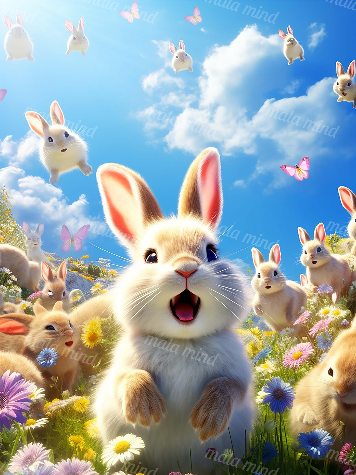Large white rabbit in a flower meadow with smaller rabbits, butterflies, and a bright blue sky — 02_master_artwork