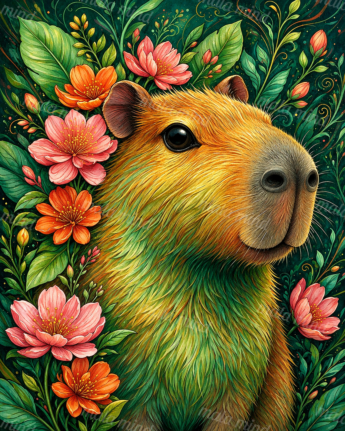 Close-up golden-brown capybara surrounded by pink and orange flowers and dense green foliage — 02_master_artwork