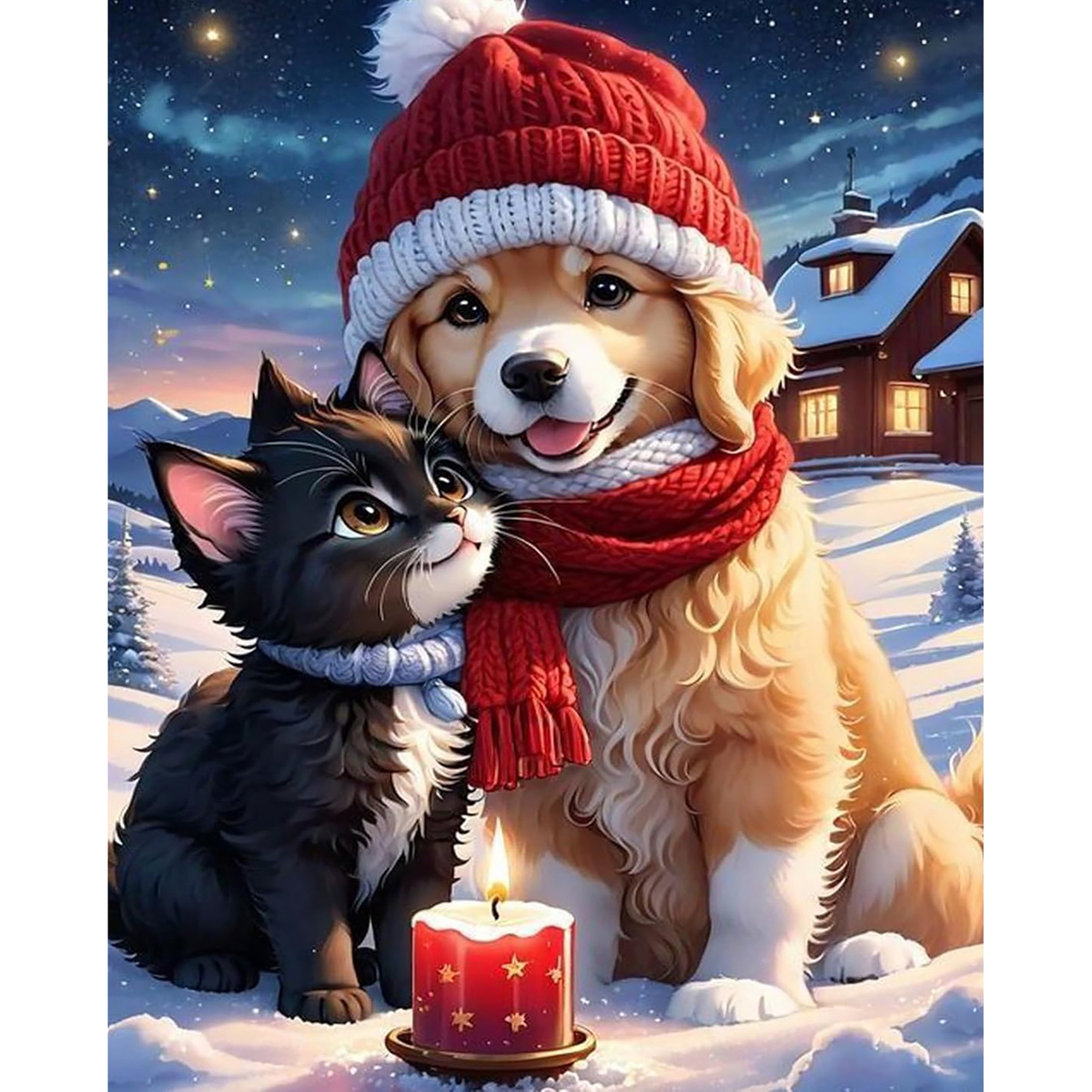 MalaMind Gallery V3 | 02 Master Artwork | AN-260921-080 | Golden puppy and black-and-white kitten cuddle beside a candle in a snowy Christmas village.