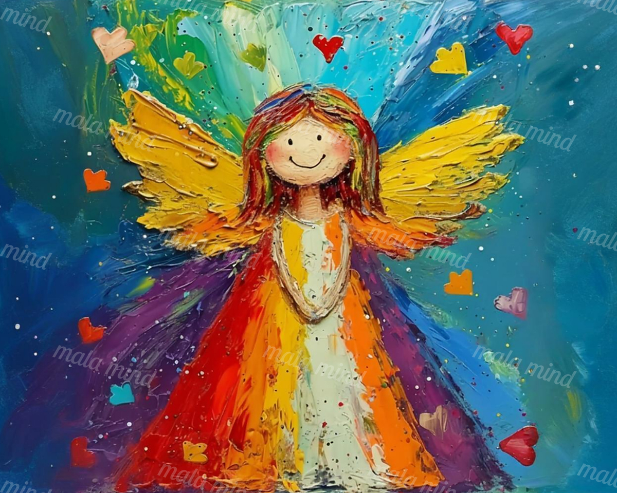 Smiling winged girl with rainbow dress and yellow wings against a turquoise abstract background with hearts — 02_master_artwork
