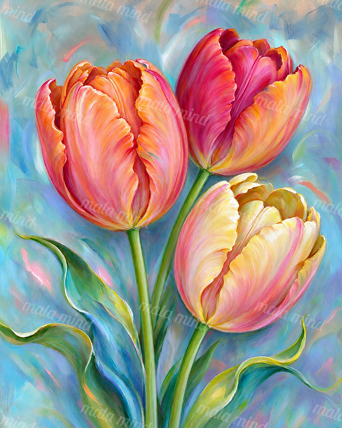 Three colorful tulips with green stems and leaves against a blue abstract painted background — 02_master_artwork