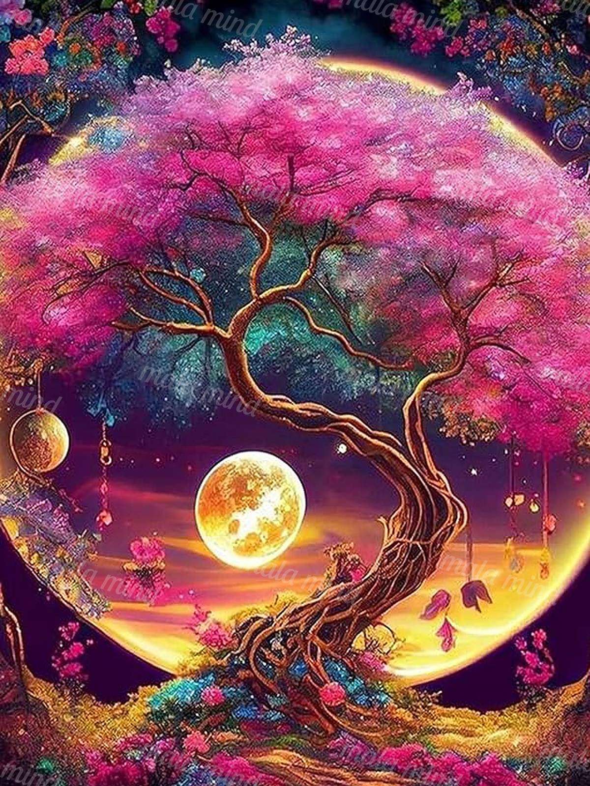 Pink flowering tree with twisted roots silhouetted against a large glowing golden moon — 02_master_artwork