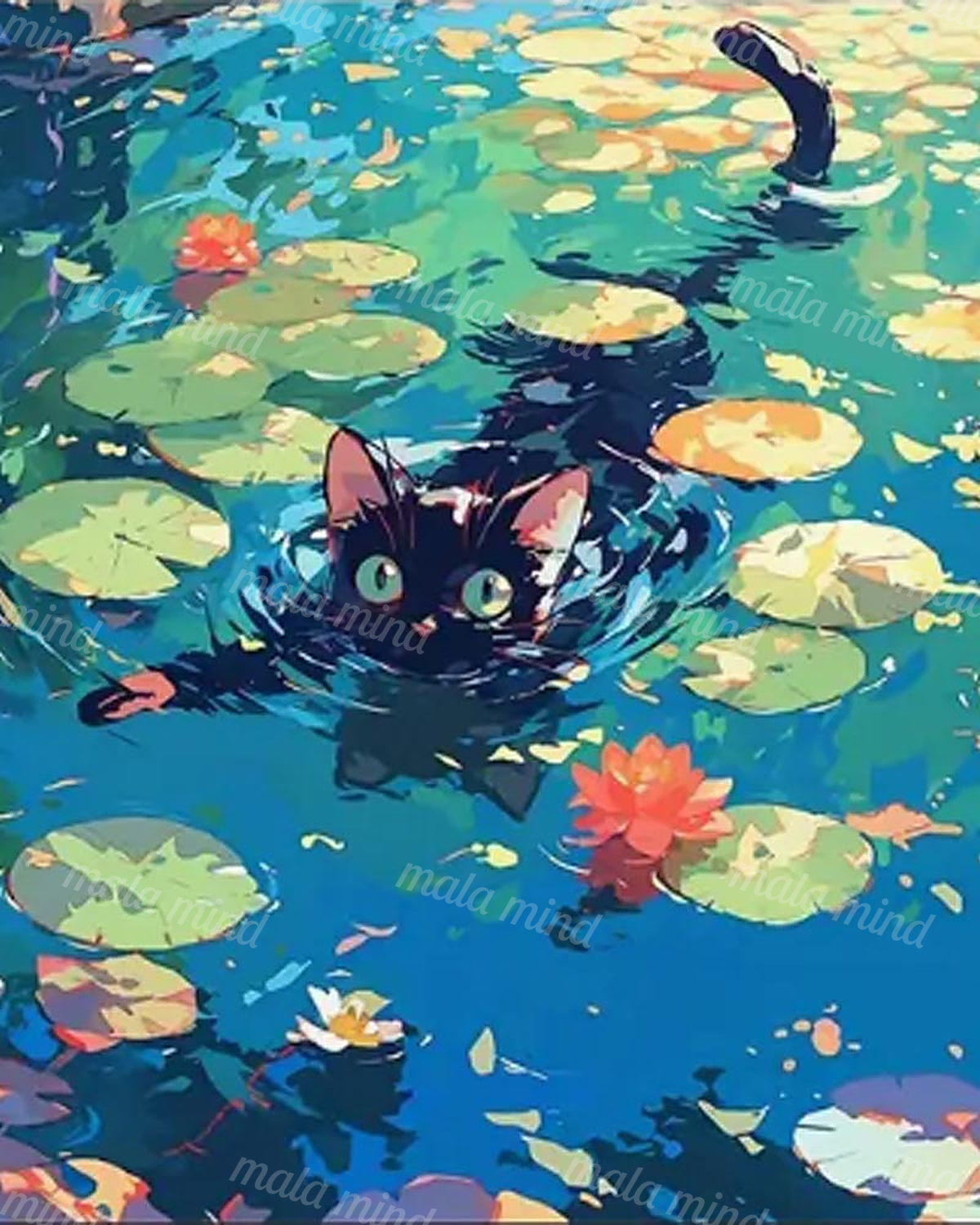 Black cat swimming among lily pads and orange water lilies in blue-green pond water — 02_master_artwork
