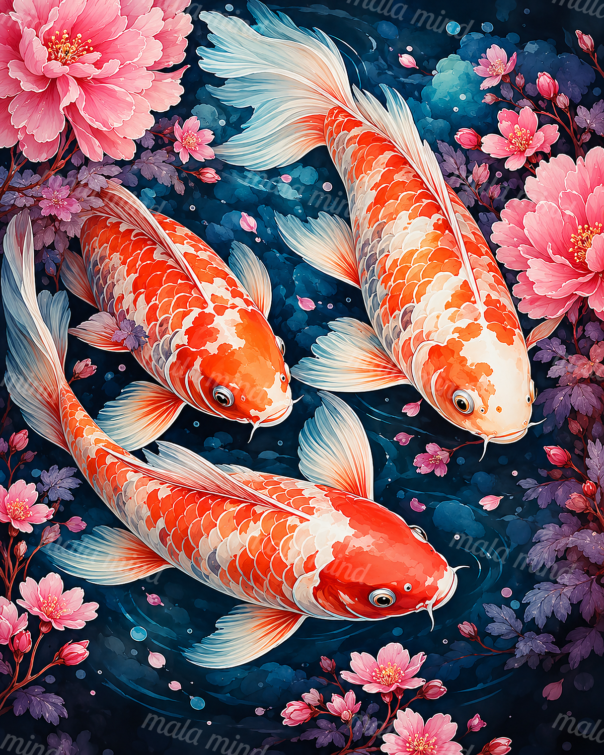 Orange-and-white koi fish swimming among pink blossoms and purple leaves in dark blue pond water — 02_master_artwork