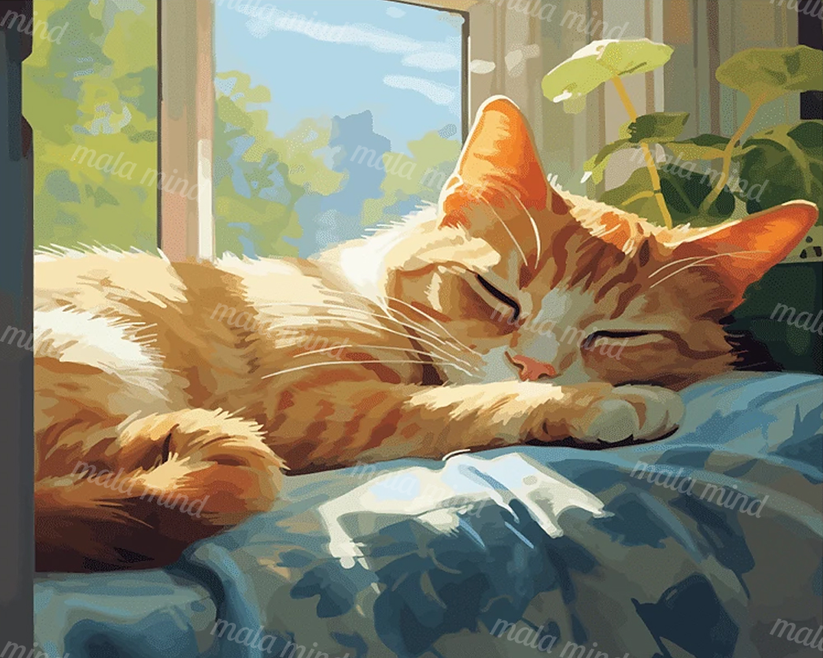 Orange-and-white cat sleeping on a blue blanket beside a sunny window and leafy plants — 02_master_artwork