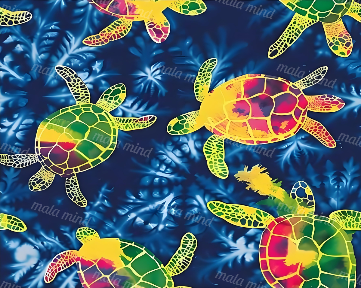 Colorful patterned sea turtles glide through deep blue water with blurred aquatic foliage. — 02_master_artwork