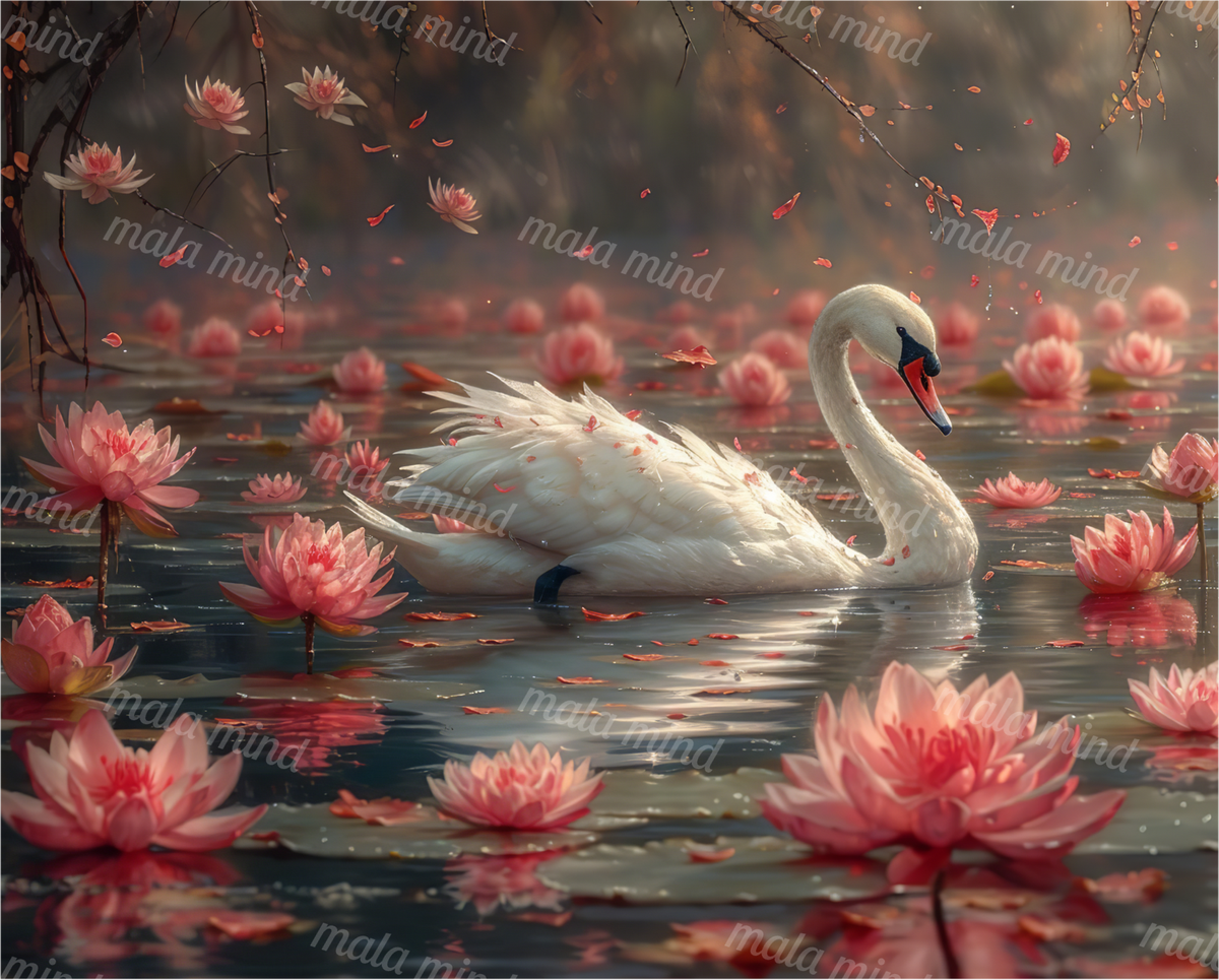 White swan floating among pink water lilies on a reflective pond beneath hanging branches — 02_master_artwork
