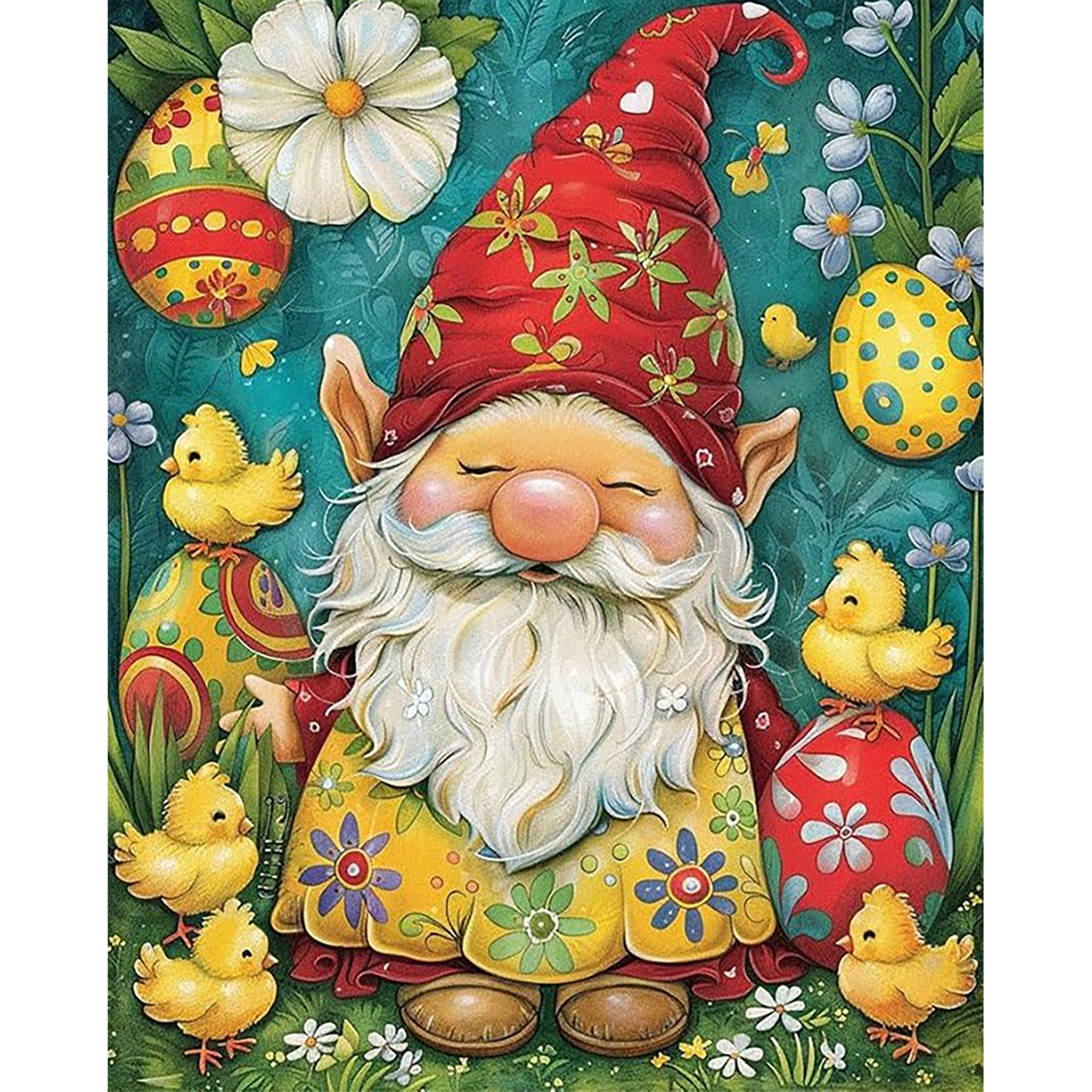 Bearded garden gnome in a red floral hat surrounded by Easter eggs, flowers, greenery, and yellow chicks