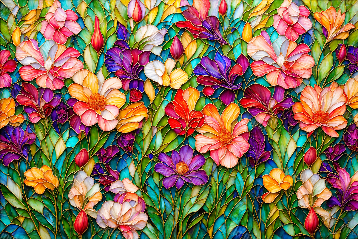 Dense stained-glass floral pattern with colorful blossoms, green leaves, buds, and turquoise sections — 02_master_artwork