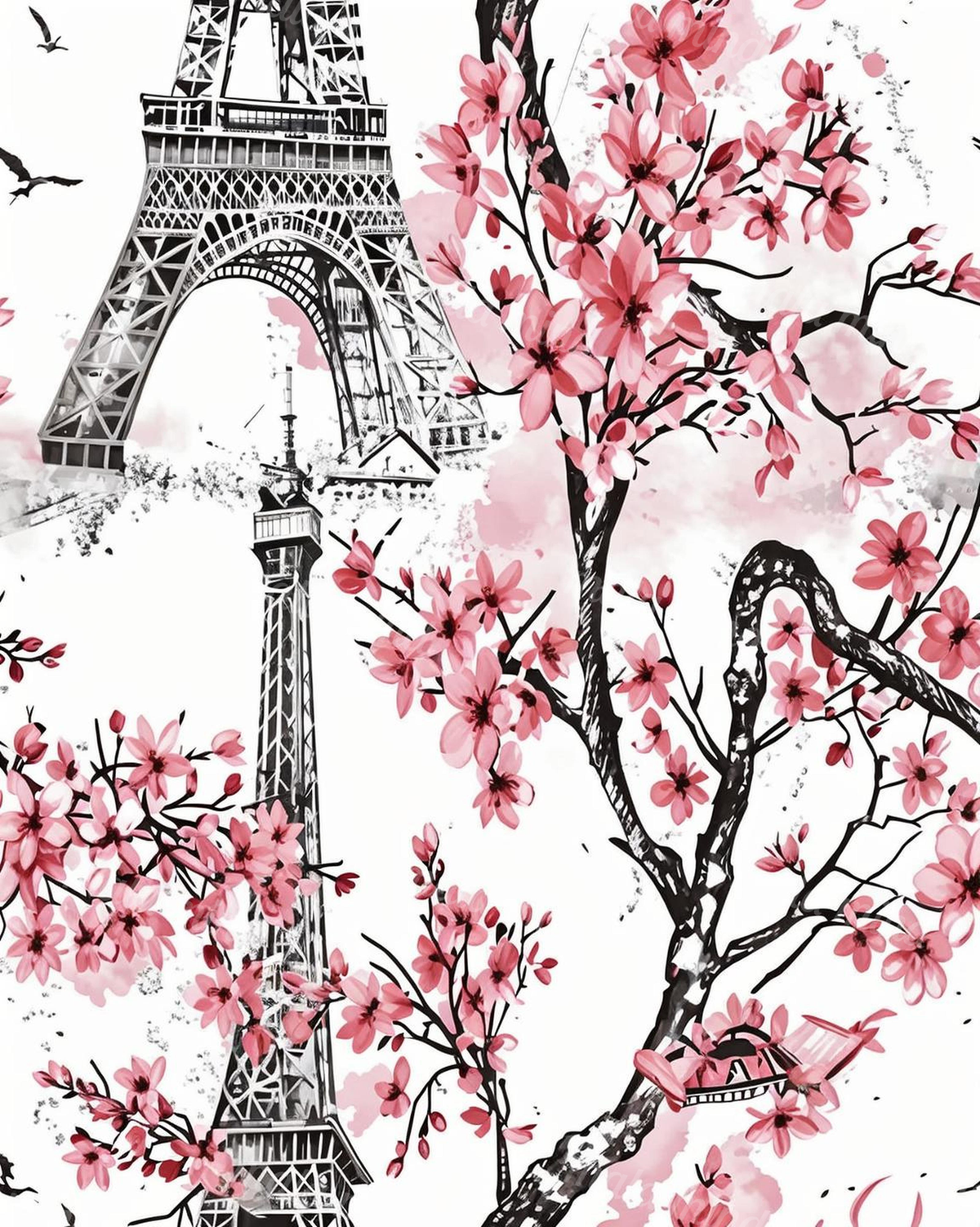 Black-and-white Eiffel Tower framed by pink blossoms, dark branches, and small flying birds. — 02_master_artwork
