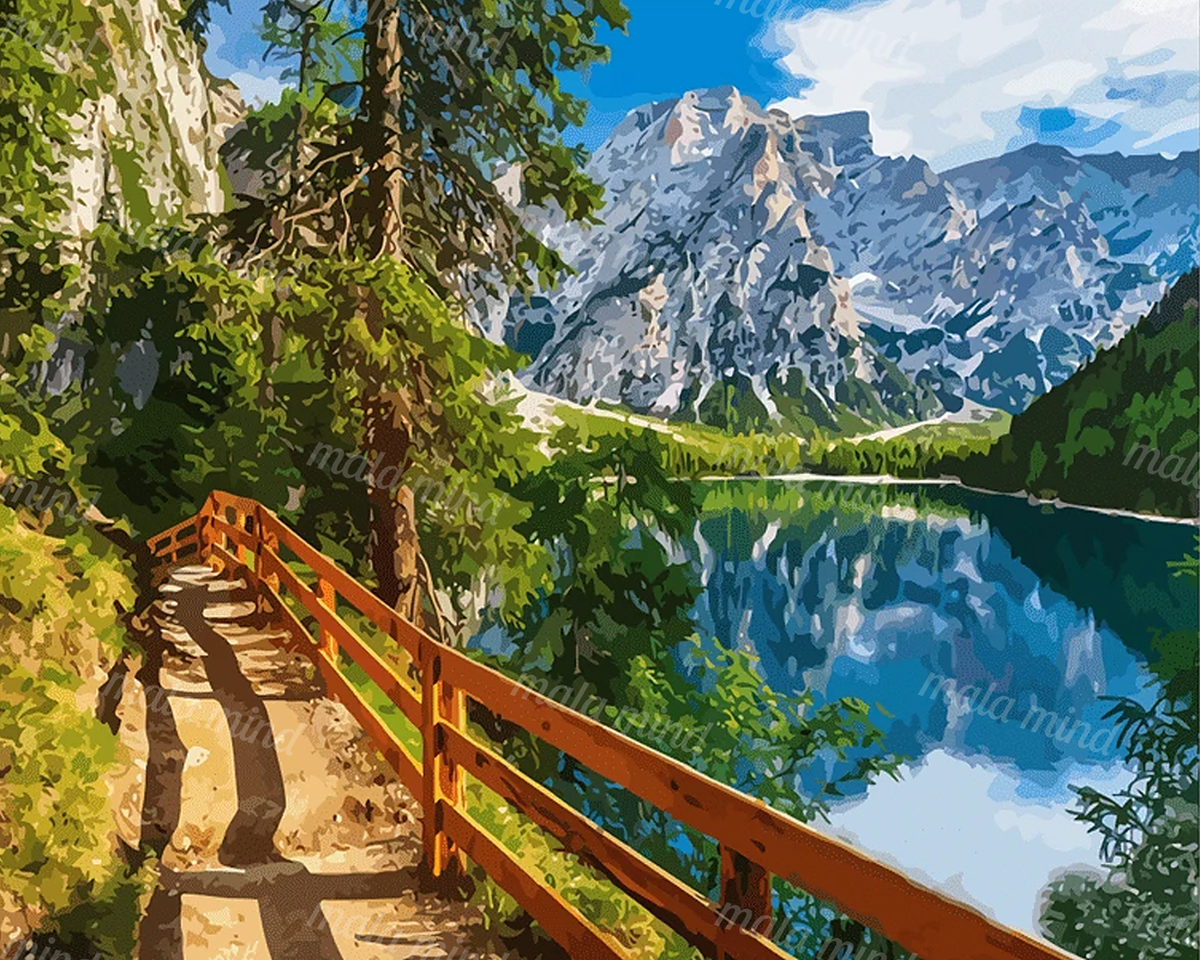 Painterly mountain lake scene with a forest trail, wooden footbridge, reflective water, and snowy peaks — 02_master_artwork