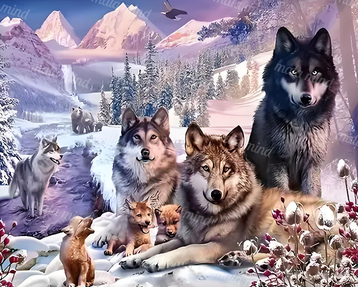 Wolf family and pups gathered in a snowy mountain landscape with wildlife, evergreen trees, and a waterfall — 02_master_artwork