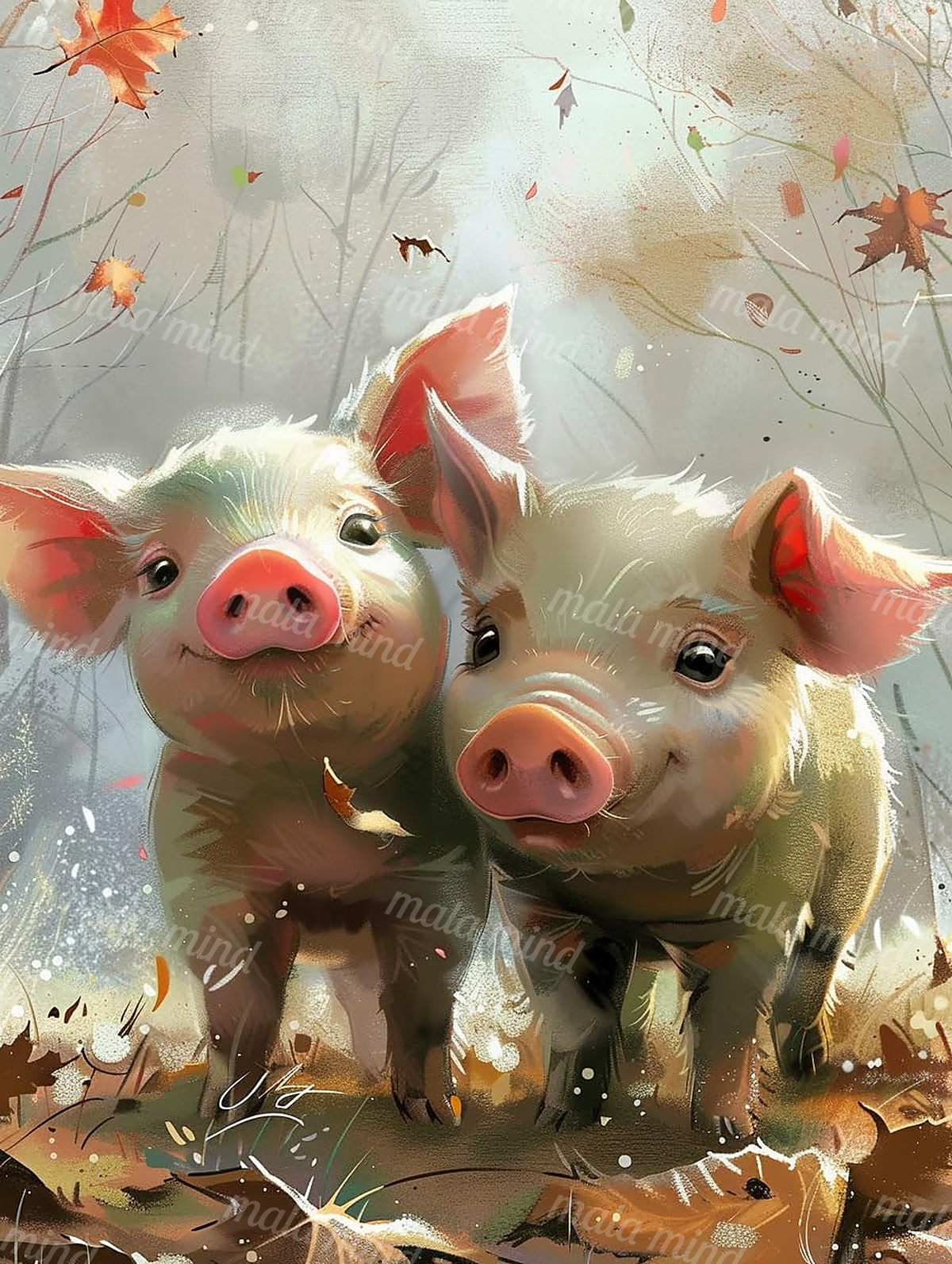 Two expressive piglets standing together among autumn leaves in a painterly woodland scene — 02_master_artwork