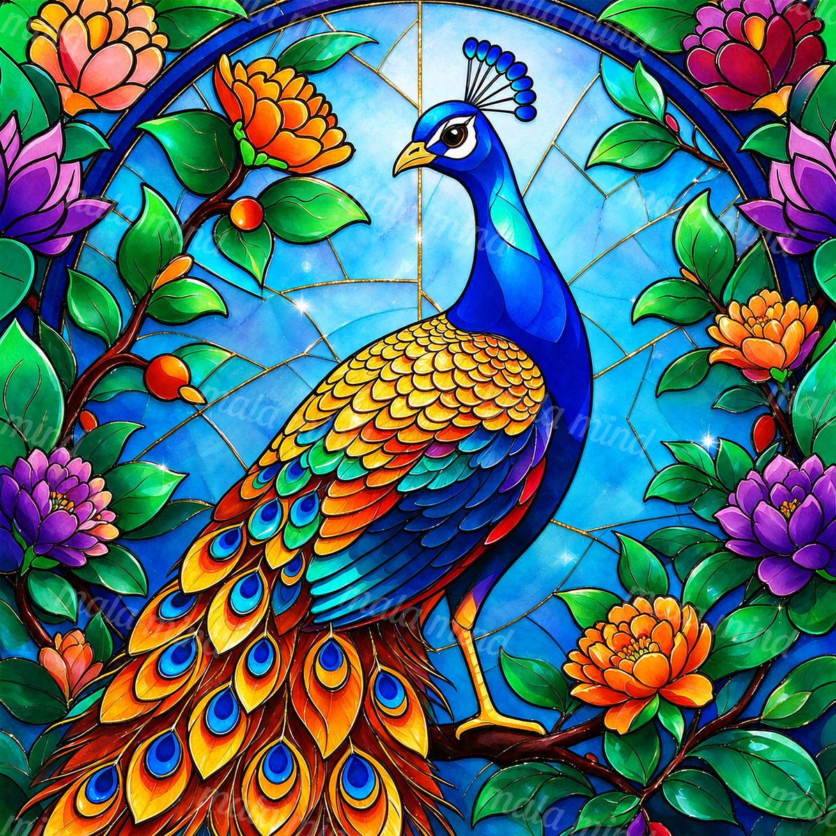 Colorful blue peacock with a patterned tail among flowers in a blue stained-glass design. — 02_master_artwork