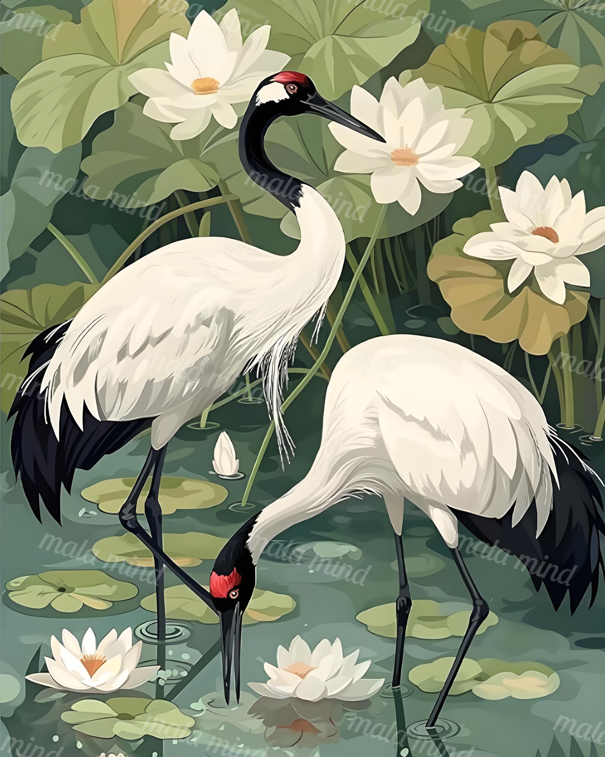 Two black-and-white cranes stand in a lotus pond surrounded by white flowers and green lily pads. — 02_master_artwork