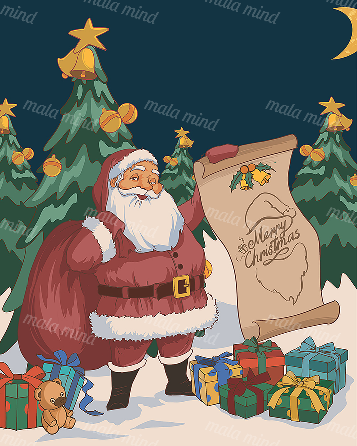 Cartoon Santa Claus with a Merry Christmas scroll, presents, evergreen trees, teddy bear, and crescent moon — 02_master_artwork