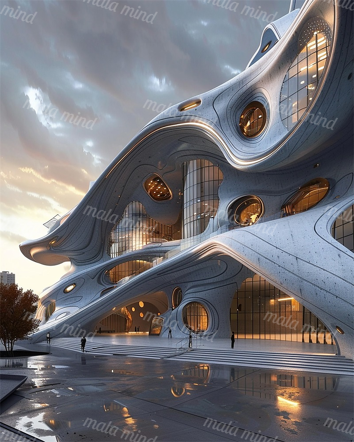 Futuristic curved building with glowing windows above a reflective plaza under a cloudy sky — 02_master_artwork