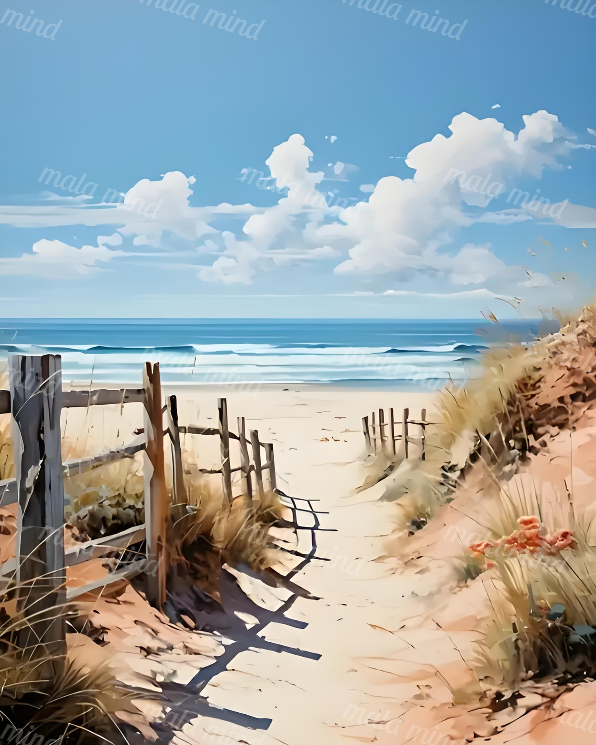 Painterly beach path through fenced dunes leading to a blue ocean beneath large white clouds — 02_master_artwork