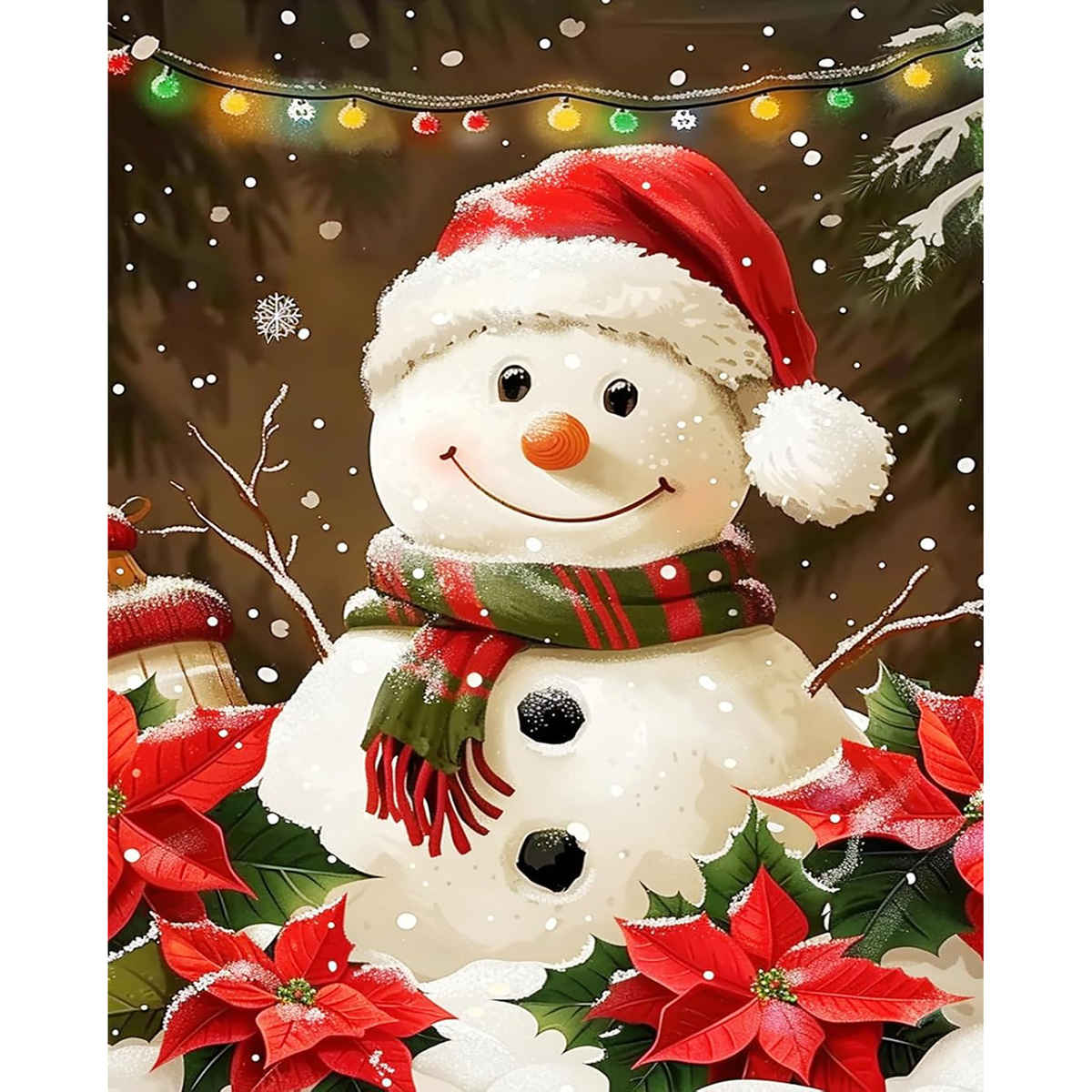 MalaMind Gallery V3 | 02 Master Artwork | CH-260921-084 | Smiling snowman in a Santa hat surrounded by snowy poinsettias, evergreen branches, and colorful holiday lights