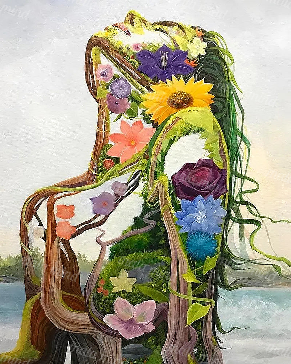 Watercolor botanical figure made of roots, vines, and flowers beside a calm waterside landscape — 02_master_artwork