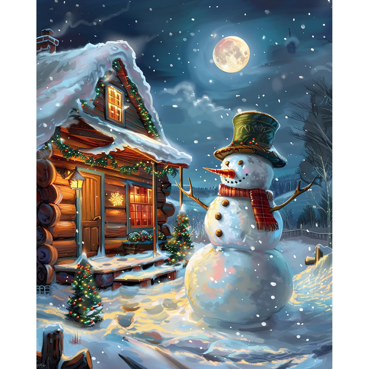 Top-hatted snowman beside a glowing Christmas cabin under a full moon and falling snow.