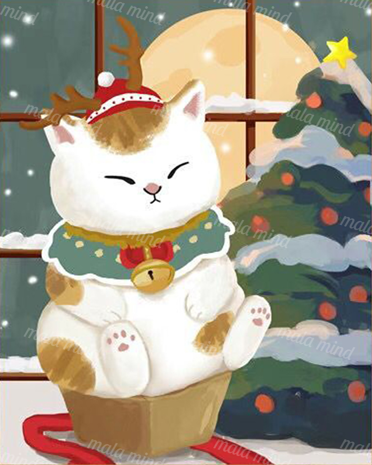Festive white cat in an antler hat beside a decorated Christmas tree and snowy moonlit window — 02_master_artwork