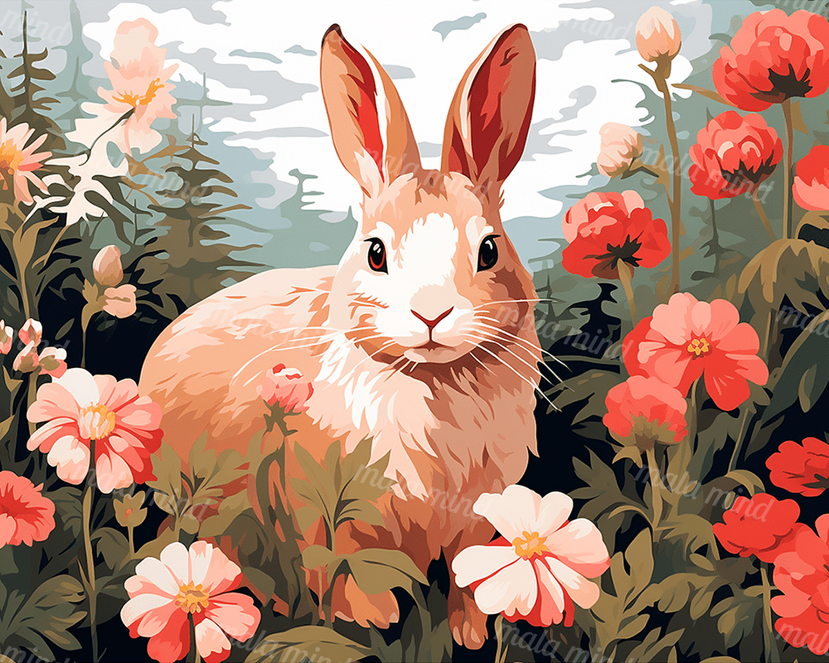 Stylized rabbit surrounded by coral and pink flowers in a dense woodland garden — 02_master_artwork