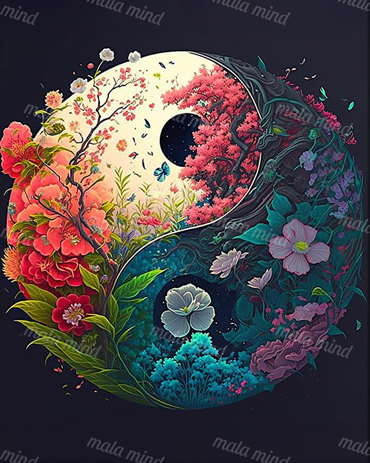 Floral yin-yang emblem with colorful blossoms, butterflies, vines, and dark botanical sections — 02_master_artwork