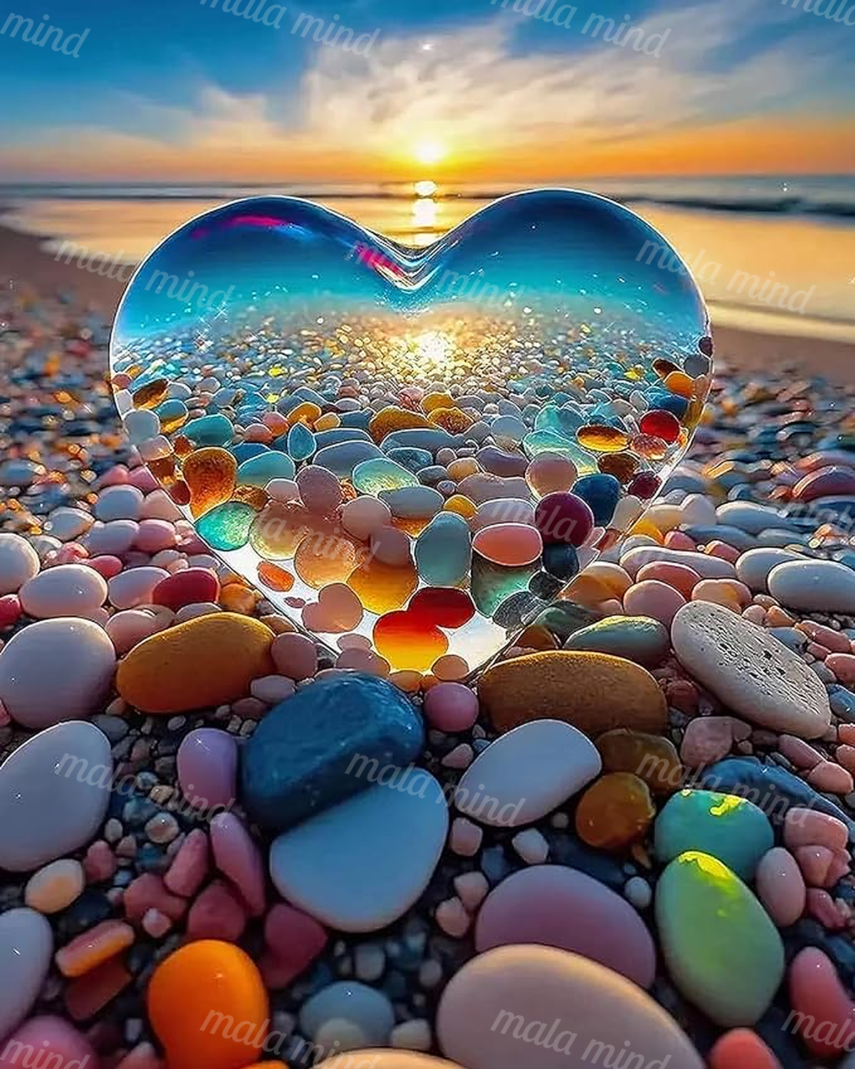Translucent blue heart filled with colorful pebbles on a beach at sunset — 02_master_artwork