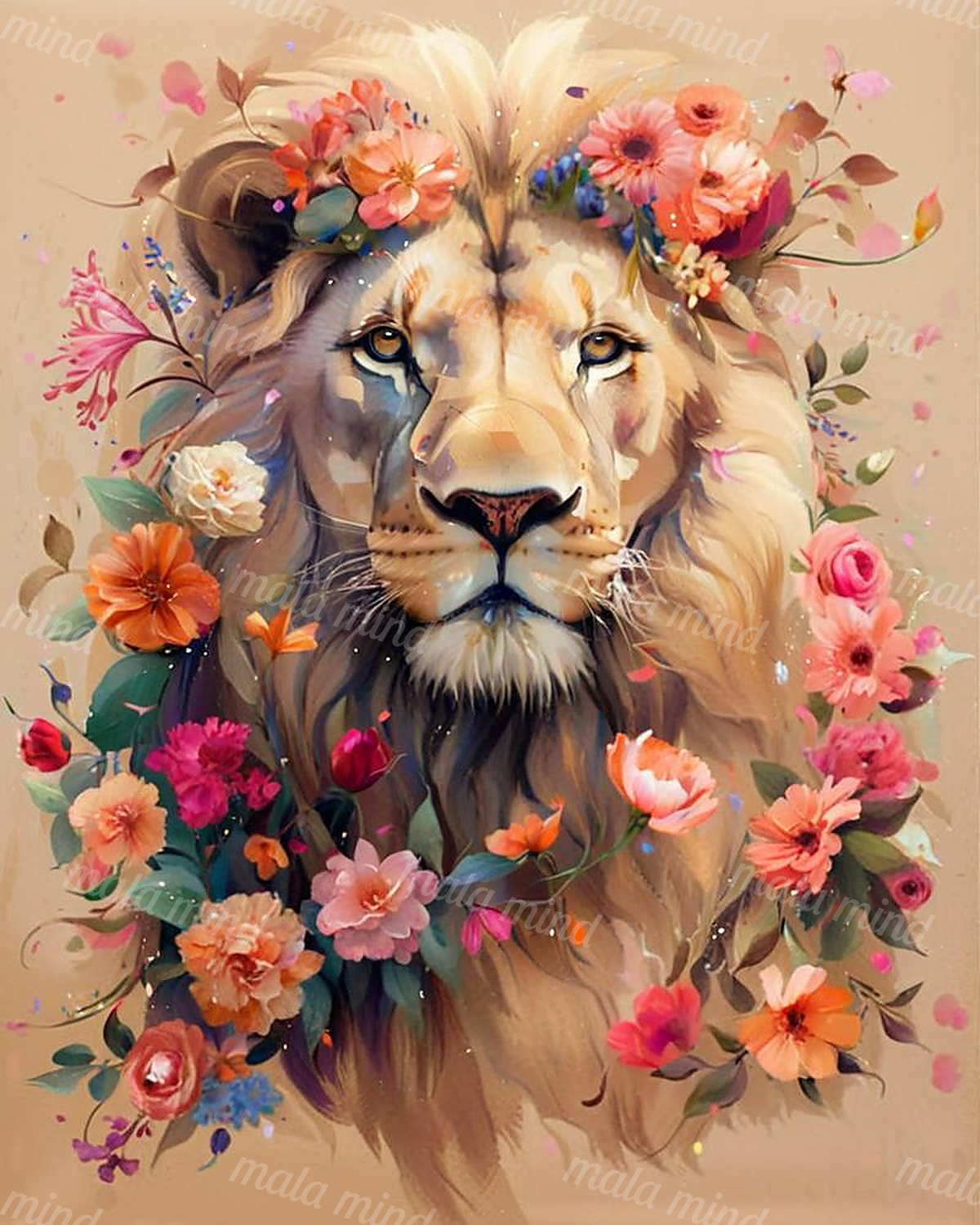 Frontal lion portrait adorned with a colorful flower crown and surrounded by blossoms and green foliage — 02_master_artwork