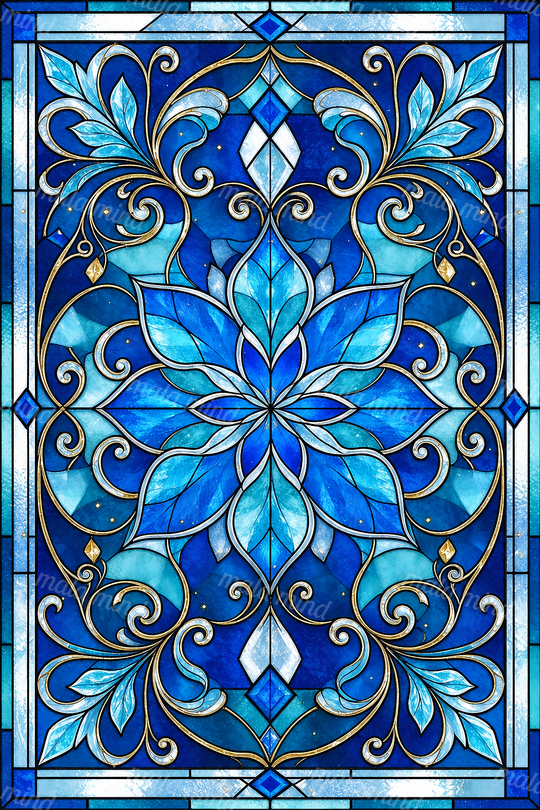 Symmetrical blue floral stained-glass panel with turquoise leaves, gold vines, geometric motifs, and a rectangular border. — 02_master_artwork