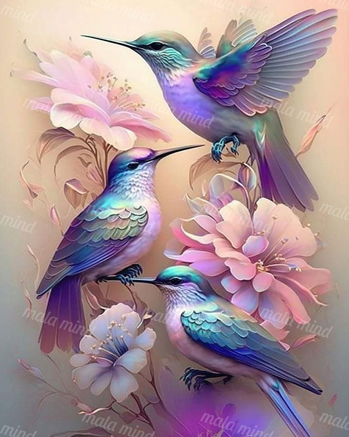 Three iridescent hummingbirds surrounded by pink flowers and branching foliage — 02_master_artwork
