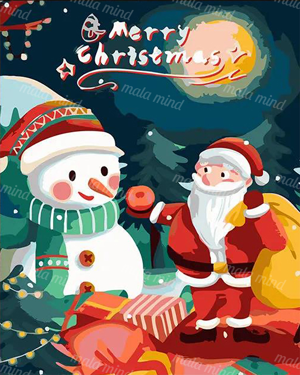 Santa and snowman beside presents and evergreen trees under Merry Christmas lettering — 02_master_artwork